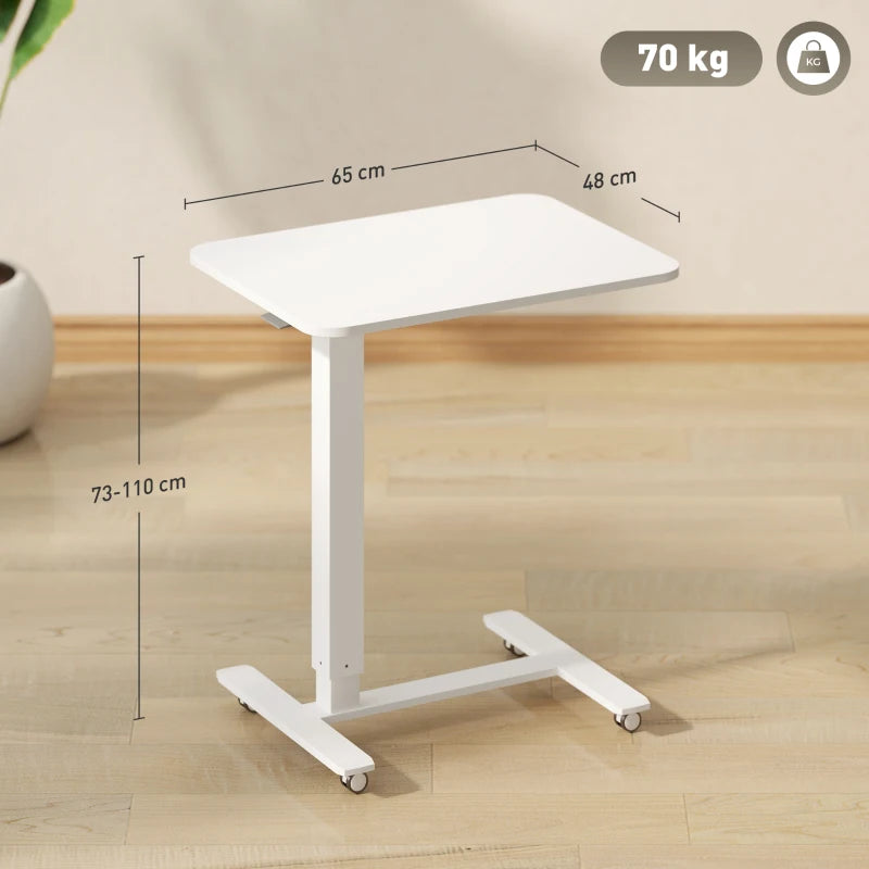 Height Adjustable Pneumatic Standing Desk - Mobile Overbed Table with Wheels for Home Office & Laptop - White Finish