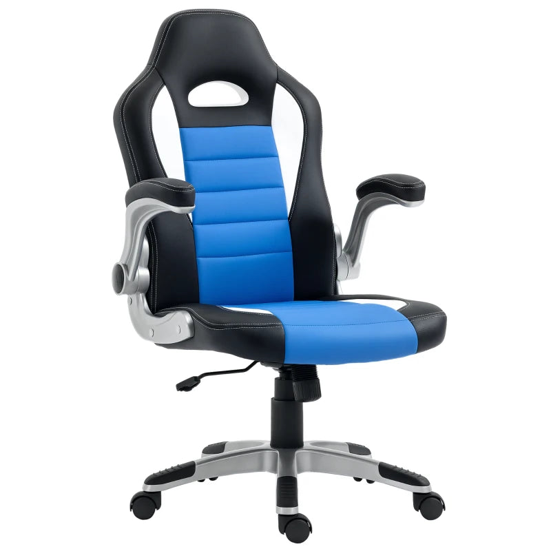 Ergonomic Blue Gaming Chair - PU Leather Office Desk Swivel Chair with Adjustable Height, 90° Flip-up Armrests & Rolling Wheels