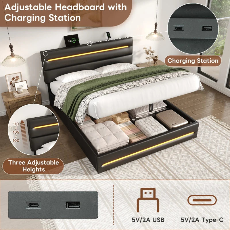 King Upholstered Bed Frame with Hydraulic Storage & LED Lighting, USB & Type-C Ports, 210x160x110 cm, Black