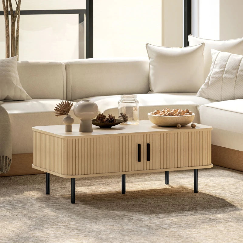 Modern Oak Coffee Table with Storage and Sliding Doors for Living Room