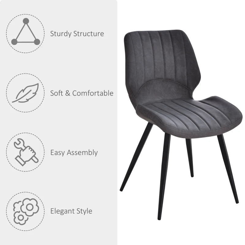 Set of 2 Grey PU Leather Dining Chairs with Backs, Padded Seats & Steel Frame for Kitchen & Dining Room