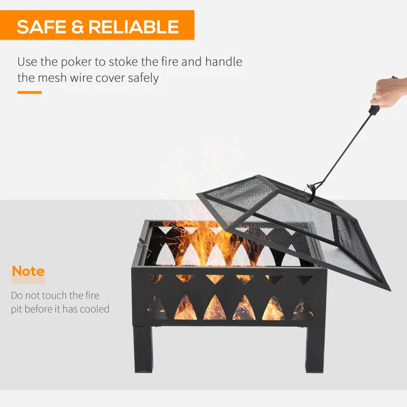 66cm Black Outdoor Fire Pit with Screen Cover & Poker - Wood Burning Firepit Bowl for Patio & Backyard