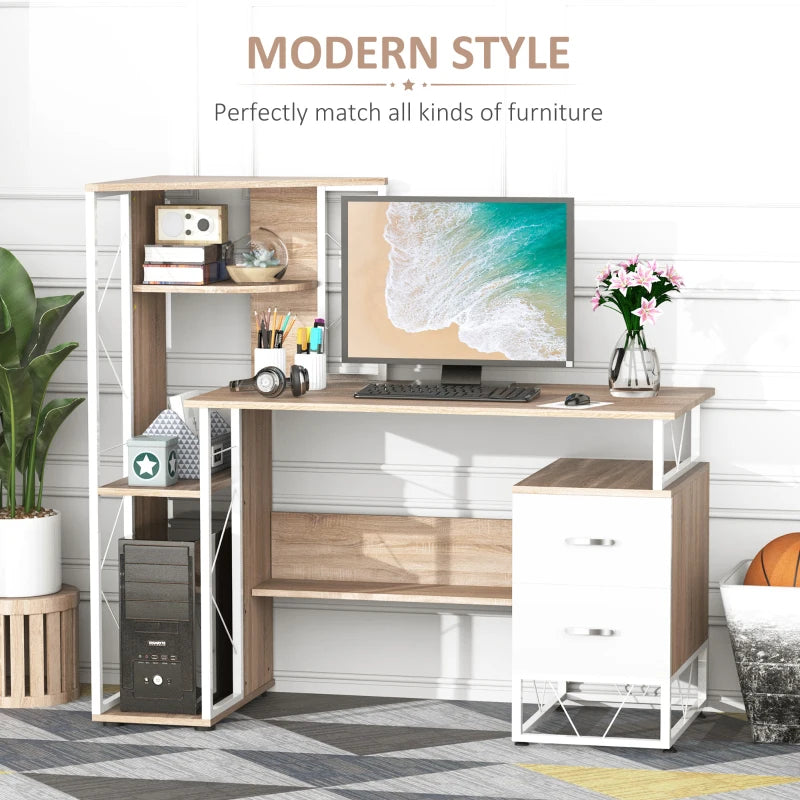 Oak Computer Desk with Drawers & Bookshelf - Stylish Writing Desk for Home Office & Study Workstation with Storage Shelves