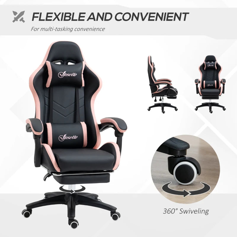 Vinsetto Gaming Chair with Footrest - PU Leather Office Desk Chair, 135° Recline, Lumbar Support, Headrest, Black & Pink