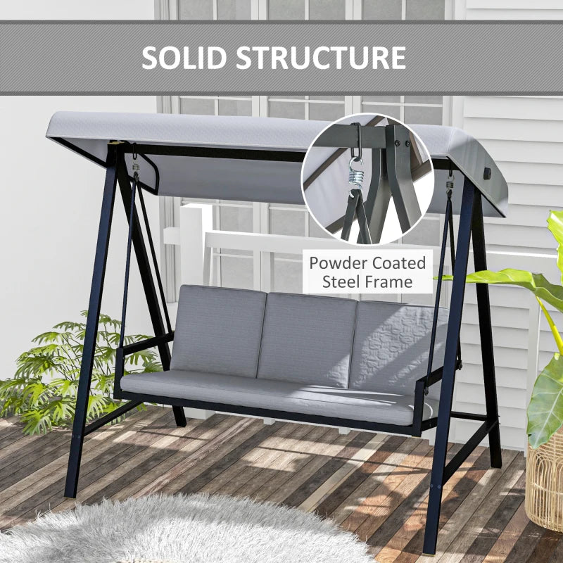 Grey 3-Seat Garden Swing Chair with Adjustable Canopy