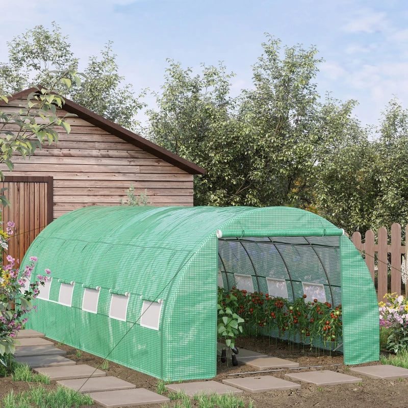 Green Walk-in Polytunnel Greenhouse with Roll-up Sidewalls, Zipped Door, 12 Windows - 6x3x2m