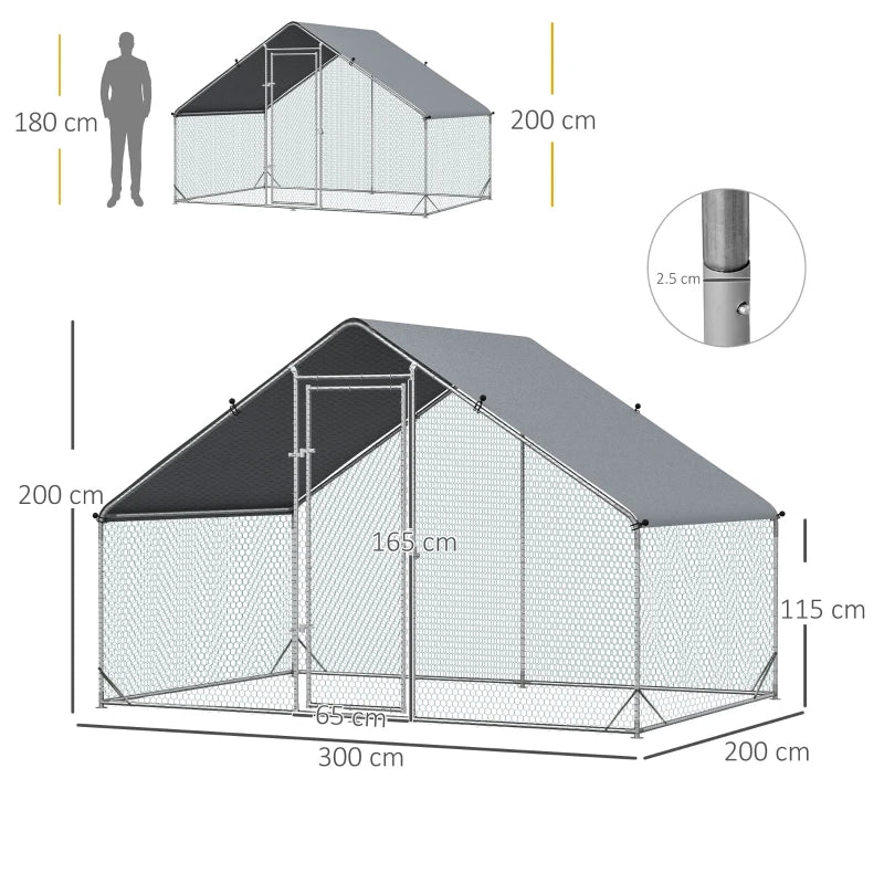 Galvanised Walk-in Chicken Coop & Rabbit Hutch - 3x2x2m Poultry House with Water-Resistant Cover for Garden