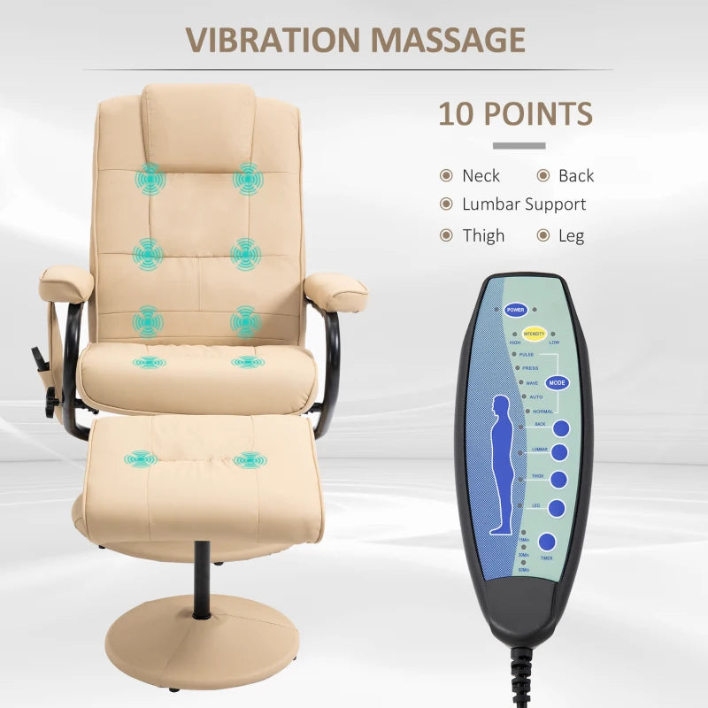 Cream PU Leather Reclining Armchair with Massage Function and Ottoman - Manual Sofa Chair