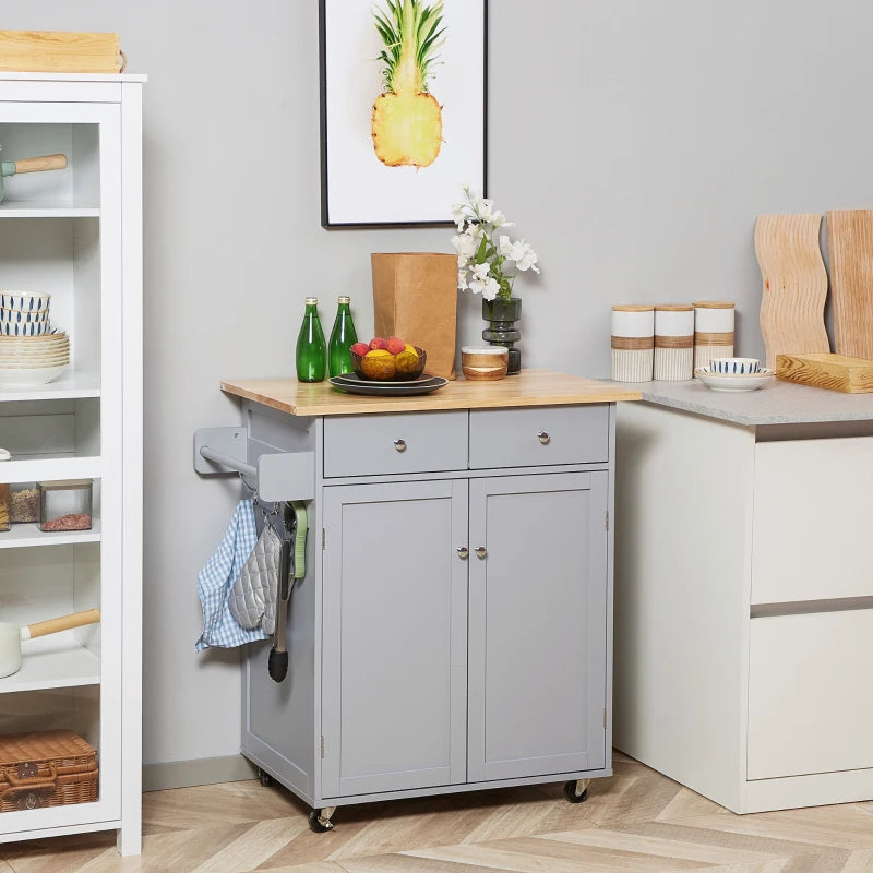 Rolling Kitchen Island on Wheels - Utility Serving Cart with Rubber Wood Top, Towel Rack, Hooks & Storage Drawers in Grey