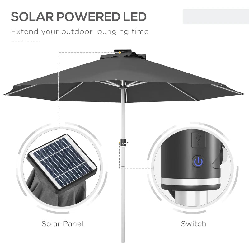 Grey 3m Solar LED Patio Umbrella