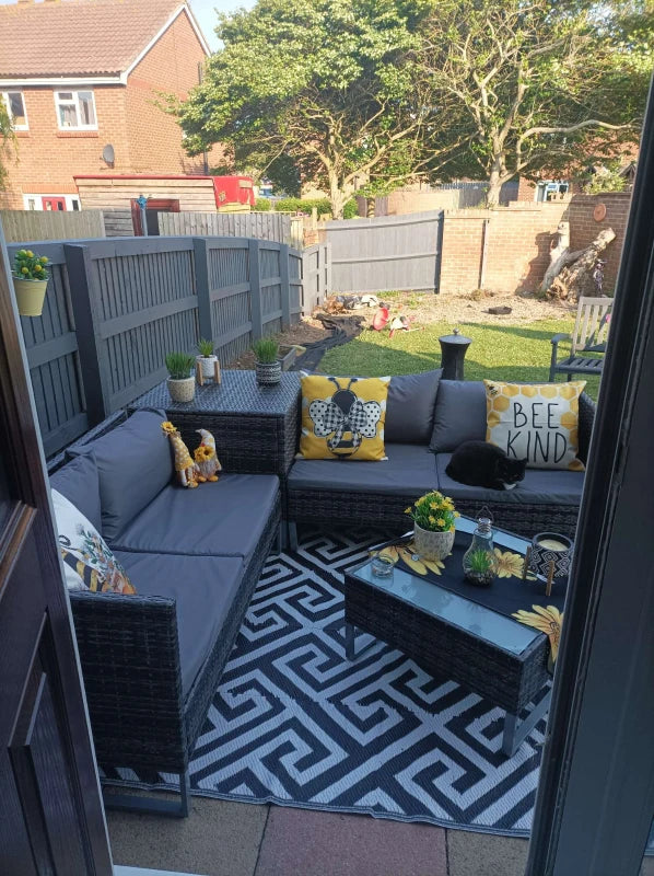x2 Mixed Grey Rattan Sofas With Grey Cushions and Table Set with Side Storage - For Corner & Patio