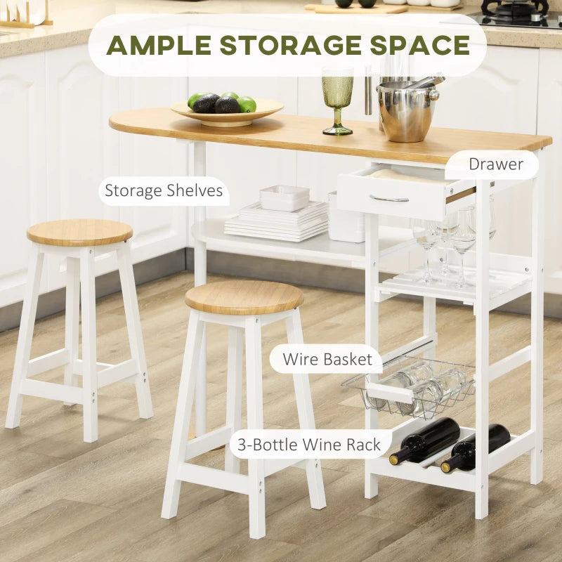 3 Piece Bar Table Set with Stools, Storage Shelf, Drawer, Wire Basket & Wine Rack - Natural & White Finish for Kitchen & Home Bar