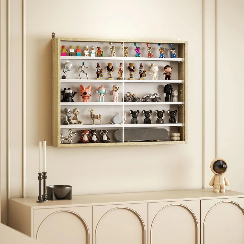 5-Tier Wall Display Shelf Unit with 4 Adjustable Shelves & Glass Doors - Natural Finish for Home & Office Decor 60x80cm