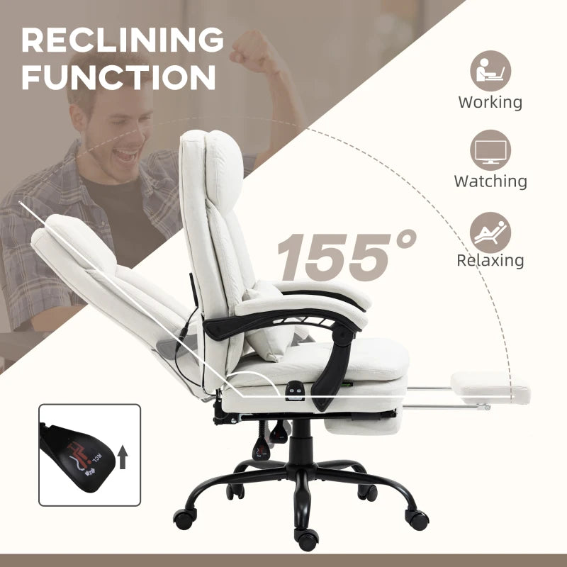 Vinsetto Ergonomic Office Chair with Massage & Heating, 155° Recline, Lumbar Support, Footrest - Cream White