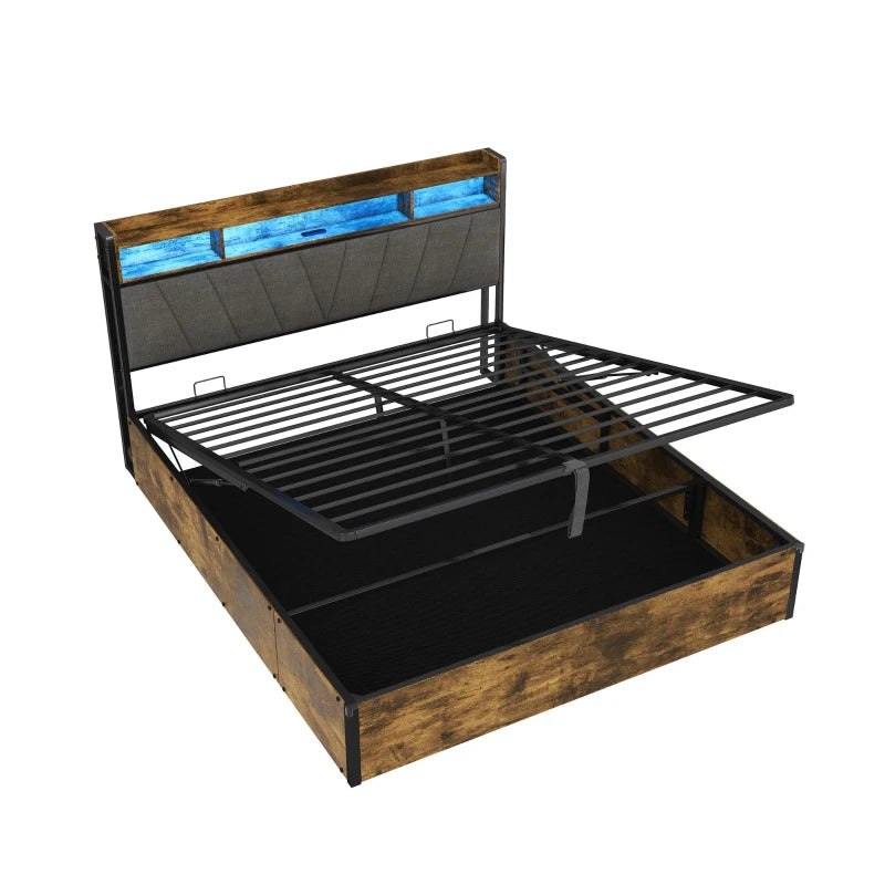 Double Bed Frame with RGB LED Headboard & Charging Station, Hydraulic Storage, Linen Fabric, Black & Walnut, 205x136x109 cm
