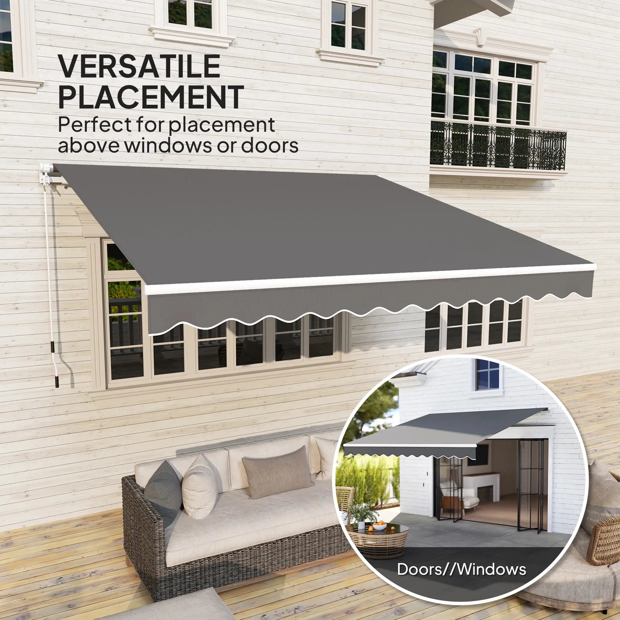 3m x 2.5m Garden Patio Manual Awning, Retractable Canopy Sun Shade Shelter with Fittings and Crank Handle, Dark Grey