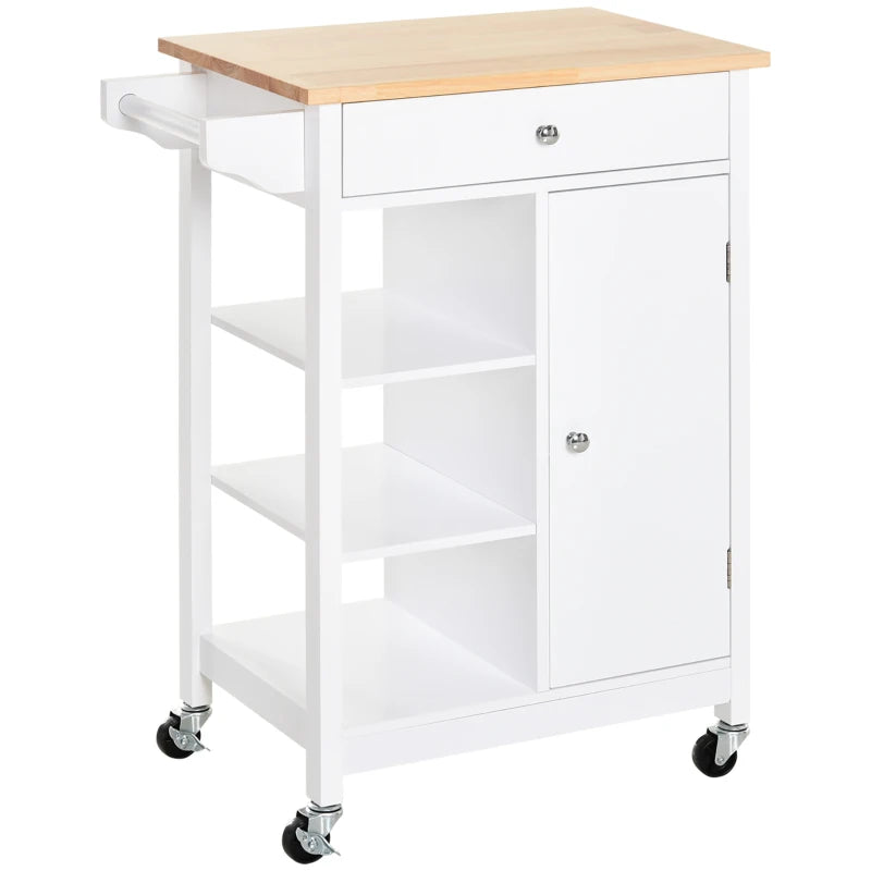 Versatile Kitchen Trolley on Wheels - White Kitchen Island with Wood Top, 3 Shelves & Storage Cupboard