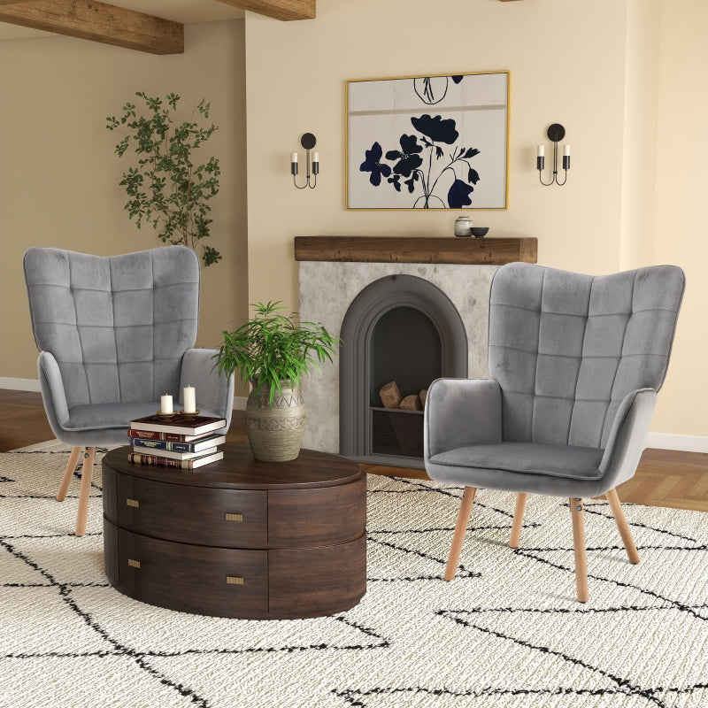 Stylish Velvet-Touch Tufted Wingback Armchair Set of 2 for Modern Lounge and Leisure Spaces in Grey