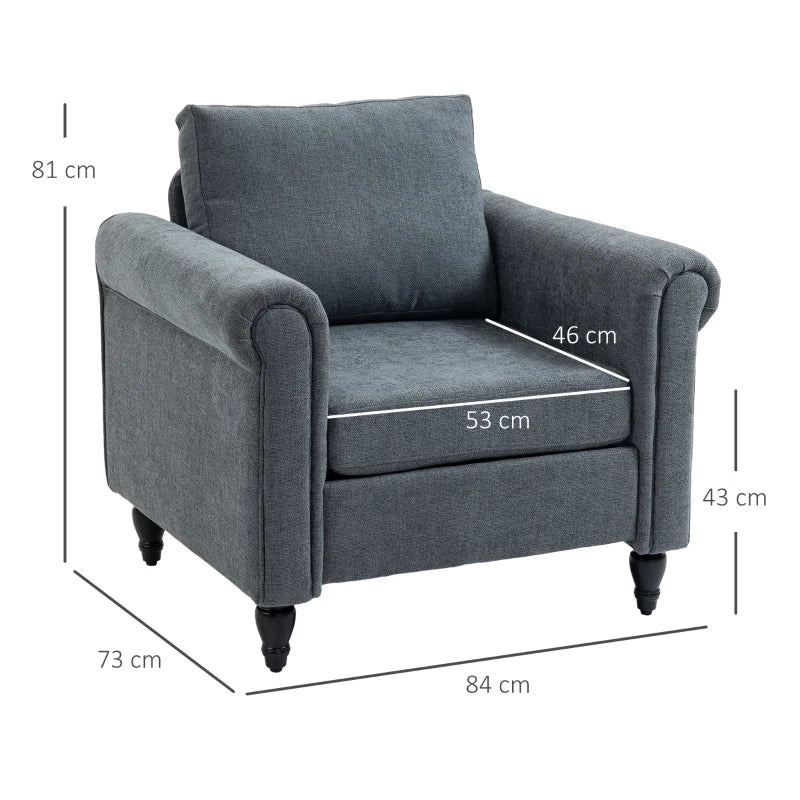 Vintage Upholstered Accent Chair with Back Pillow and Rolled Arms, Grey Fabric, Rubber Wood Legs