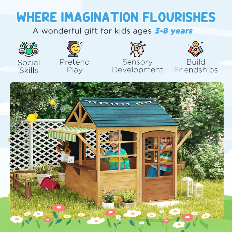 Wooden Playhouse for Kids with Foldable Design Windows Working Door and Service Stations