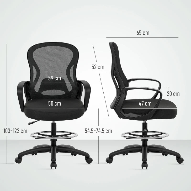 Vinsetto Ergonomic Drafting Chair with Adjustable Footrest & Lumbar Support - Mesh Office Chair for Standing Desks, Black