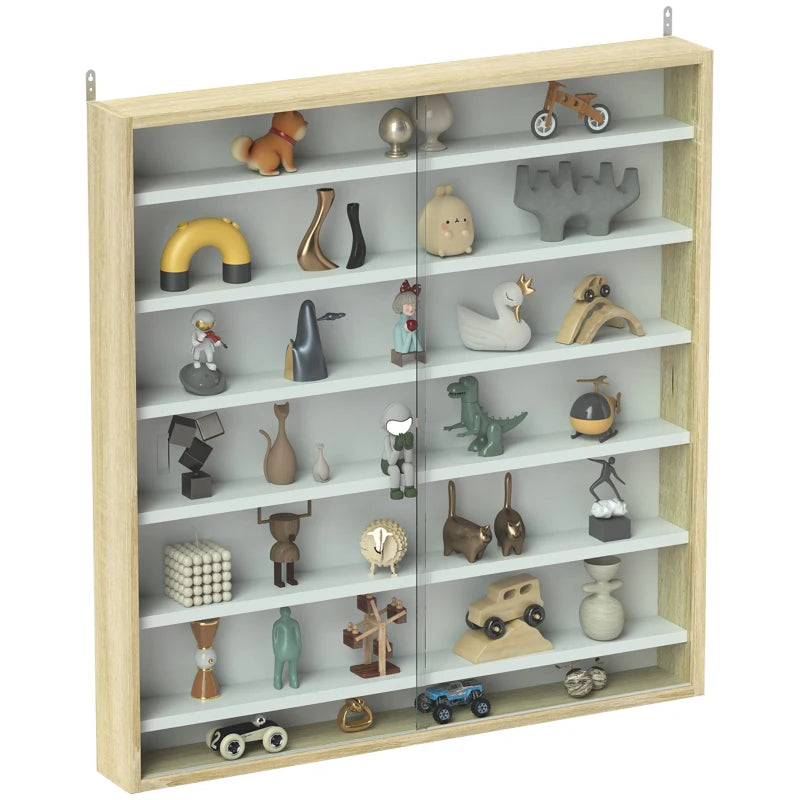 7-Tier Oak Wall Display Shelf Unit with Glass Doors & 6 Adjustable Shelves for Home Office Ornaments - 83x80cm