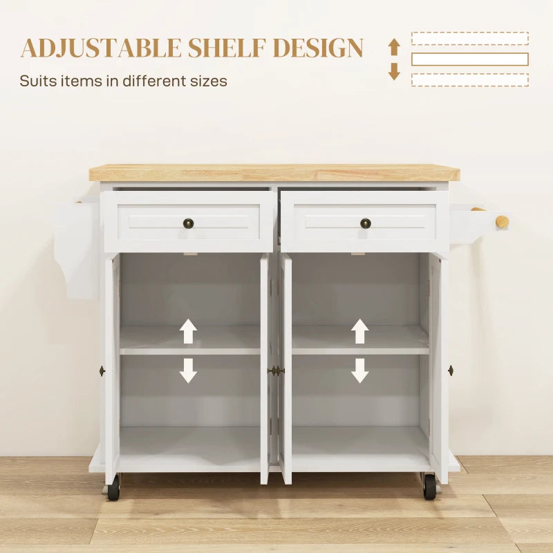 Rolling Kitchen Island Storage Trolley with Rubber Wood Top & Drawers - Cream White Dining Room Cart