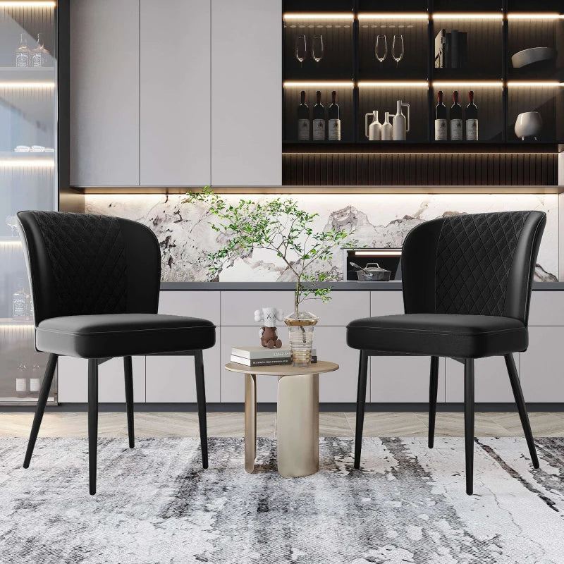 Set of 2 Velvet Black Dining Chairs with Metal Legs, Wing Back Upholstered Accent Chairs for Dining Room, 47x43x86 cm