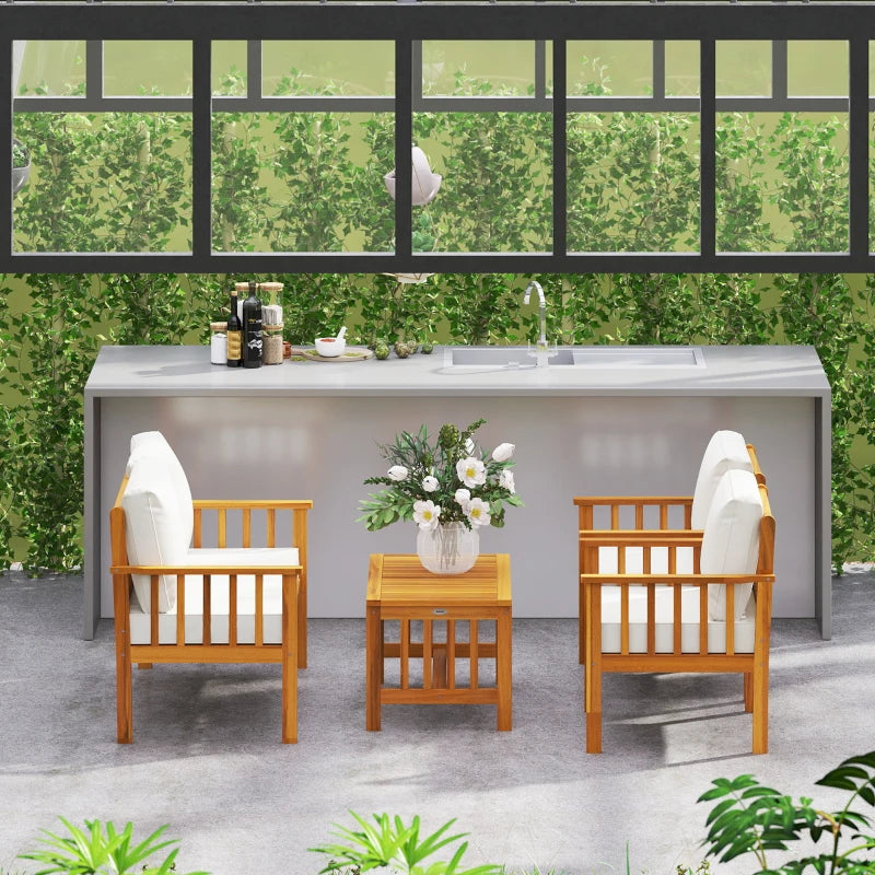 Four-Piece Acacia Wood Garden Sofa Set with Teak Finish and Cream Cushions