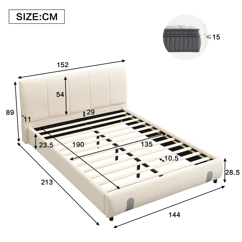 4ft6 Upholstered Double Bed - Velvet Frame with Soft Headboard & Sturdy Slats for Adults & Teens, White, 213x152x89 cm