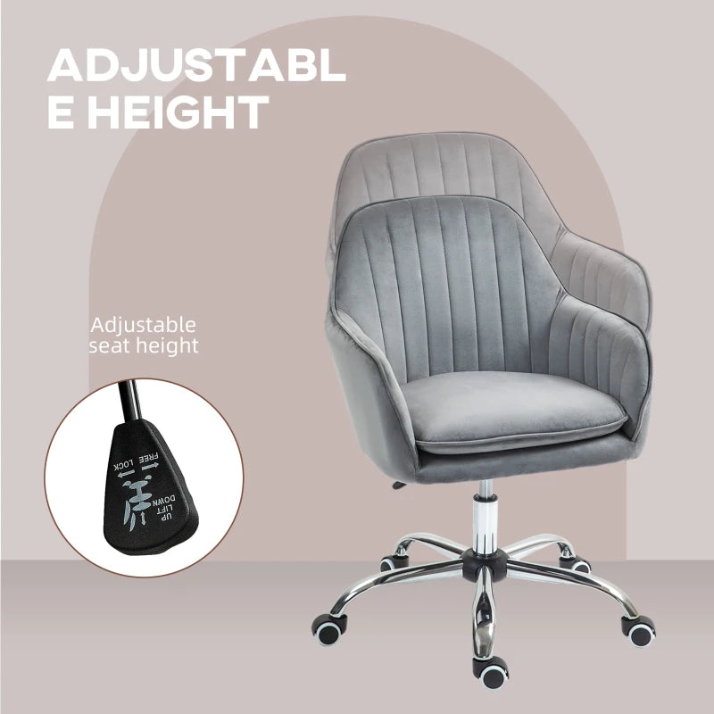Stylish Grey Velvet Swivel Office Chair with Adjustable Height & Rolling Wheels - Perfect for Home, Work, or Study