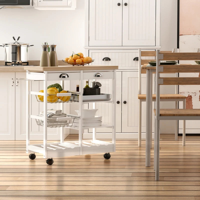 Rolling Kitchen Island Trolley Cart with Drawer, Shelves, Basket, Wheels & 6-Bottle Wine Rack - Stylish White Design