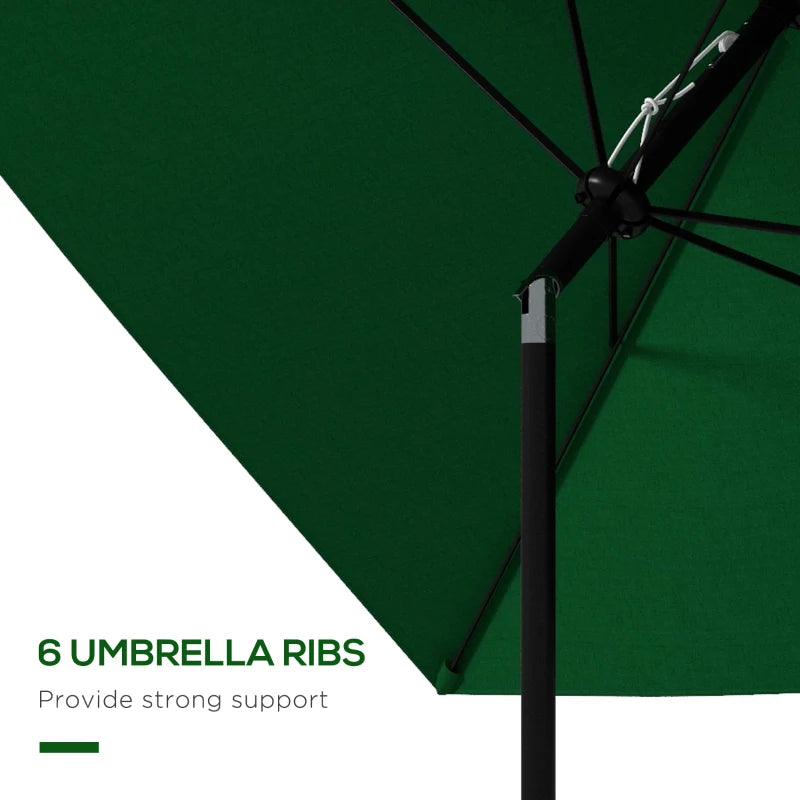 Green Rectangular Outdoor Market Umbrella with Crank Tilt, 6 Ribs, Aluminium Pole, 2x3m