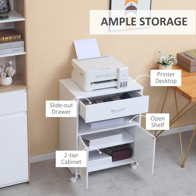 Vinsetto Mobile Printer Stand with Storage Drawer & Open Shelf - Home Office Cabinet, 60cm x 39cm x 80cm, White