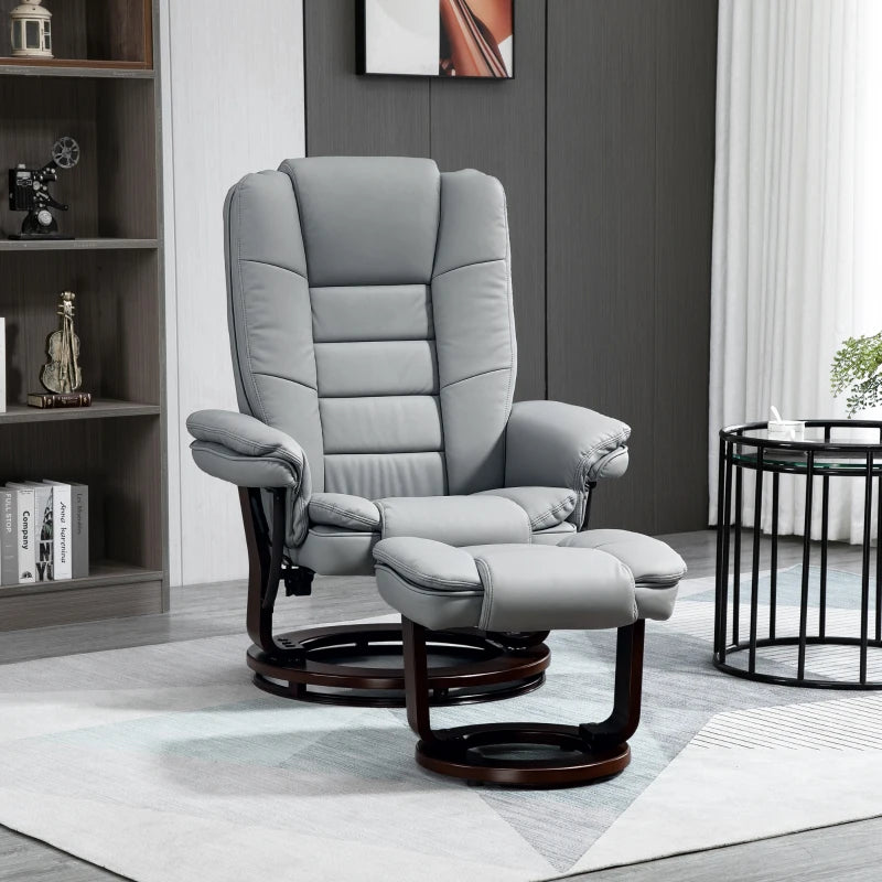 Ergonomic Recliner Chair with Footstool, 130kg Capacity, 135° Reclining Swivel Sofa for Living Room, Grey PU Leather