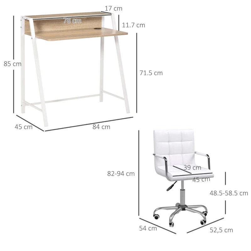 Home Office Chair and Computer Desk Set - Faux Leather Swivel Chair with Storage Shelf - Modern White Study Desk