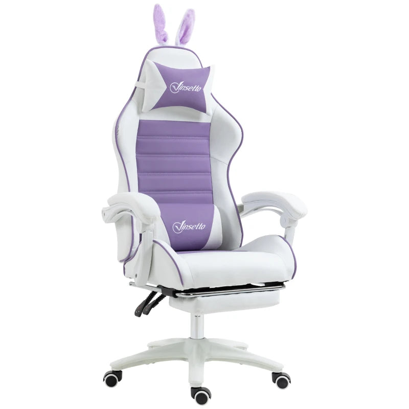 Vinsetto Purple Racing Gaming Chair - Reclining PU Leather with Removable Rabbit Ears, Footrest, Headrest & Lumbar Support
