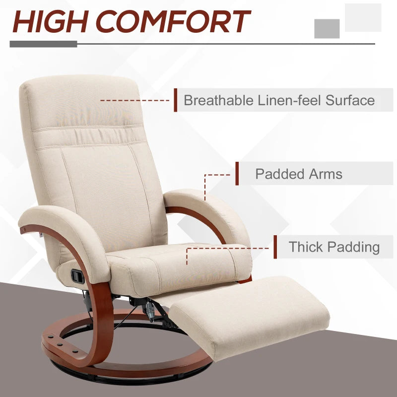 Beige 135° Manual Reclining Swivel Chair with Footrest for Ultimate Comfort