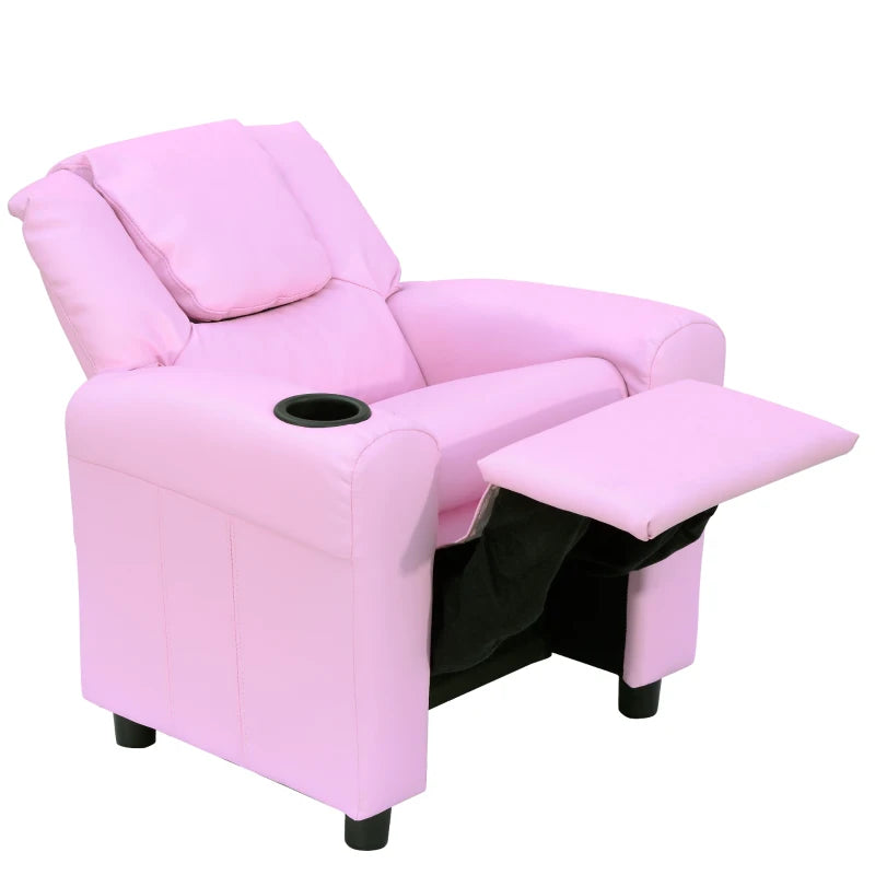 Pink Kids Recliner Chair - PU Leather, Adjustable Backrest & Footrest, Padded Headrest for Comfort - Perfect for Playrooms