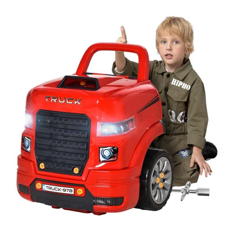 Kids Truck Engine Toy Set Educational Car Service Station Playset Take Apart Workshop with RC Car Key Steering Wheel Horn Light for Toddlers Ages 3 to 5 Red