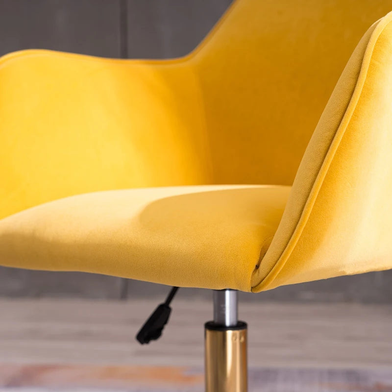 Ergonomic Yellow Velvet Swivel Office Chair with Gold Legs and Adjustable Height, 58x58x86 cm