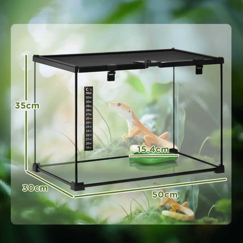 Large Glass Reptile Terrarium 50x30x35cm - Insect Breeding Tank with Thermometer for Lizards, Frogs, Snakes & Spiders