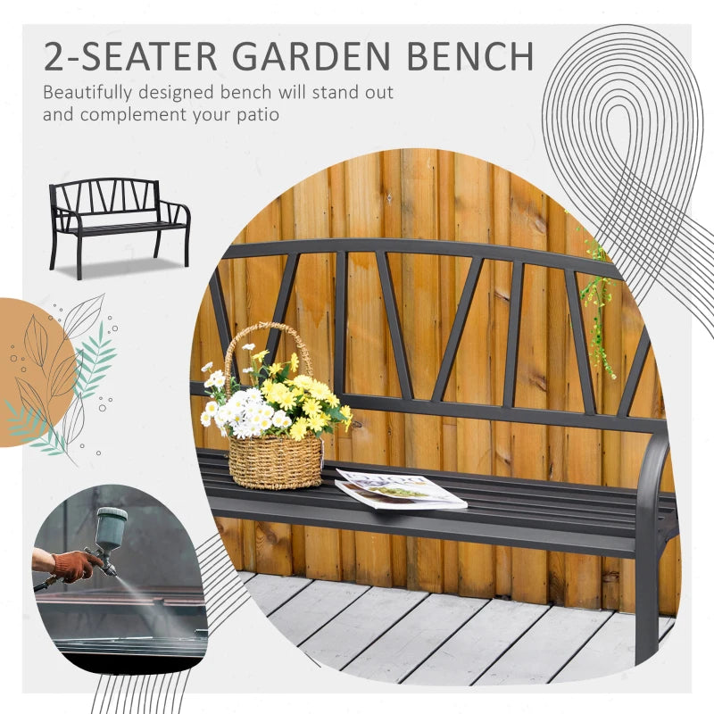 2-Seater Black Metal Garden Bench with Cushion - Slatted Outdoor Loveseat Chair with Decorative Backrest and Armrests