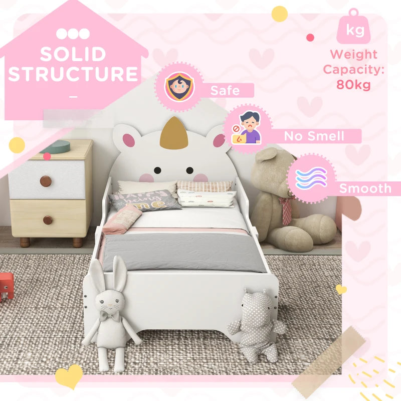 ZONEKIZ Unicorn Toddler Bed - Kids Bedroom Furniture for Ages 3-6, 143x74x67cm, Stylish White Design
