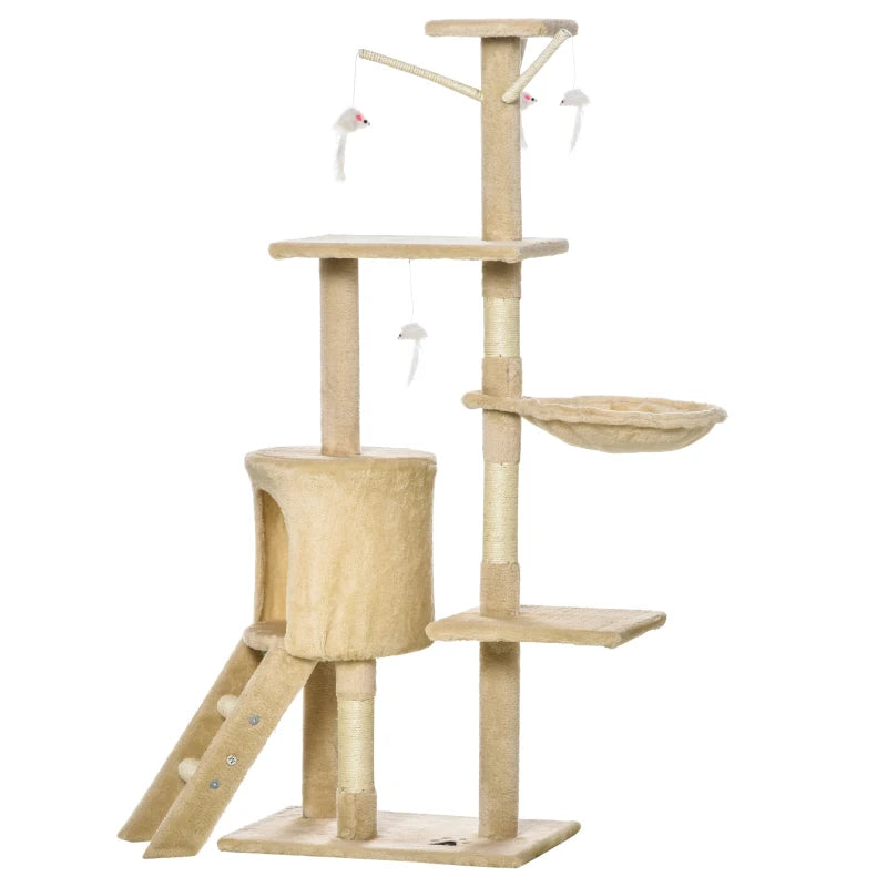 Beige Multi-Level Cat Tree with Scratching Post, Ladder & Cozy Cat House - Perfect for Play & Relaxation