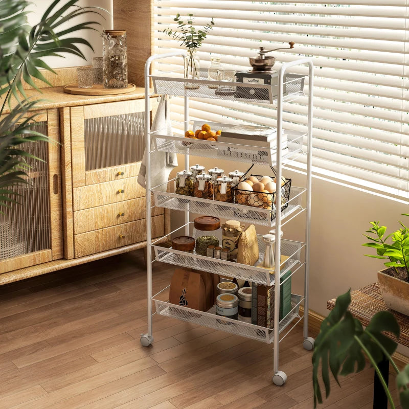 Five-Steel Mesh Storage Trolley with Wheels - Versatile White Basket Organizer for Home, Office, and Kitchen
