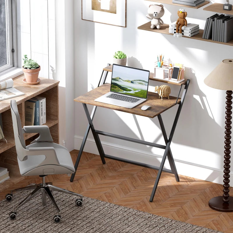 81.5 cm Rustic Brown Folding Computer Desk with Monitor Shelf - Space-Saving Home Office Furniture