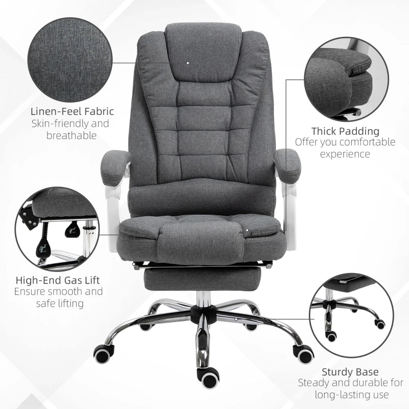 Vinsetto Grey Office Chair - Linen Fabric Swivel Desk Chair with Padded Cushion, 135° Recline & Retractable Footrest