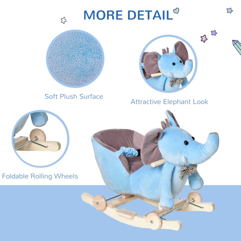 2-in-1 Plush Baby Rocking Horse Elephant with Wheels - Wooden Toy for Kids, 32 Songs, Ages 18+ Months (Blue)