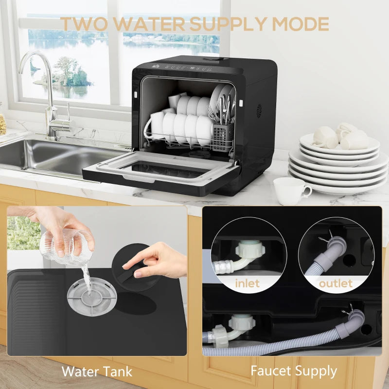 Compact Mini Countertop Dishwasher with 6L Water Tank 6 Programs 4 Place Settings Black